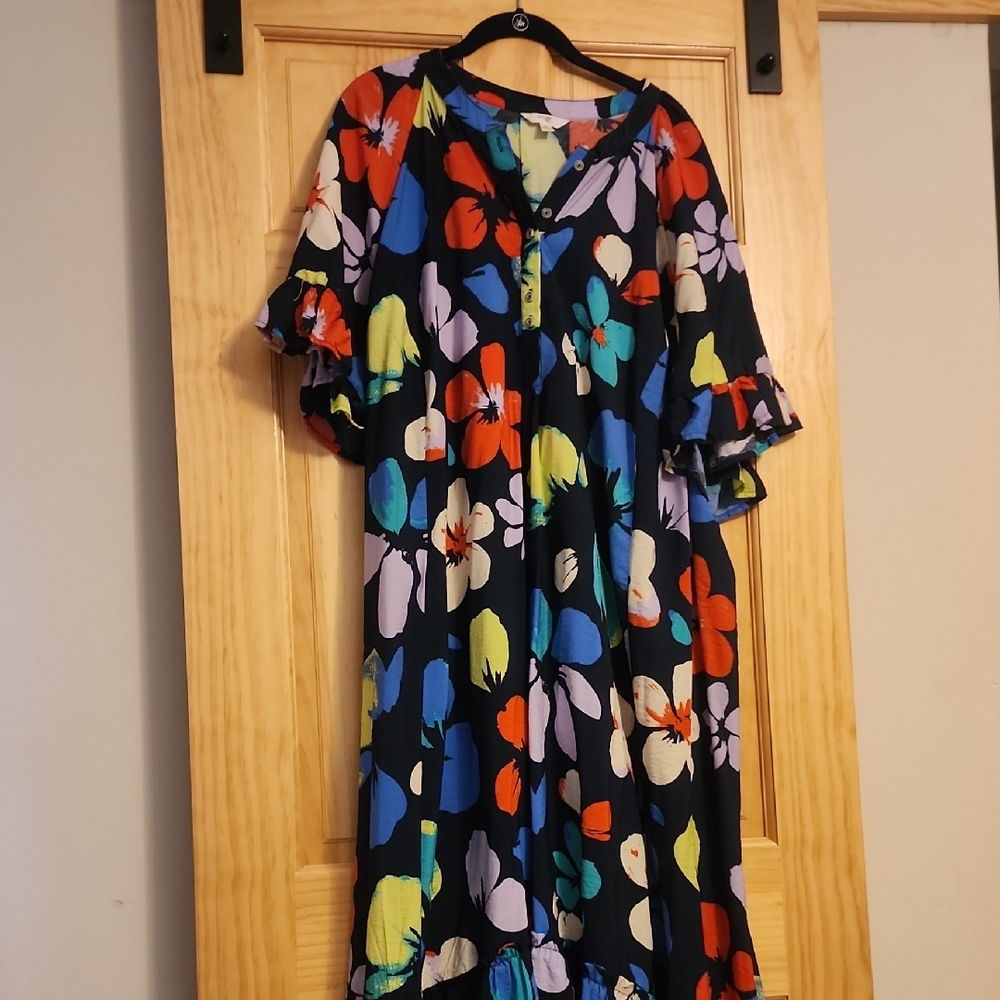 Terra & Sky Floral Midi Dress - Black, Red, Blue, Green